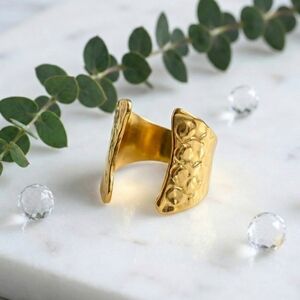 18K Gold Plated Wide Hammered Cigar Band Ring Size 6 Adjustable Statement Cuff